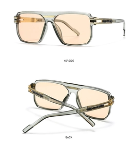 Detail view of square pilot sunglasses with gray frames and orange lenses from 45 degree angle
