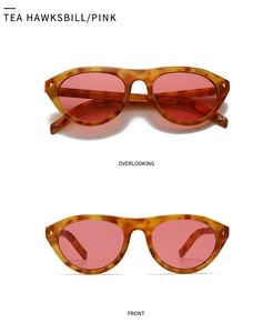 Vue détaillée des lunettes de soleil écaillées avec verres roses et rivets dorés