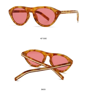 Détail de lunettes de soleil rétro écaillées avec verres roses et accents métalliques dorés