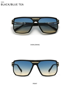 Macro view of pilot sunglasses featuring black frame and blue-yellow gradient lenses