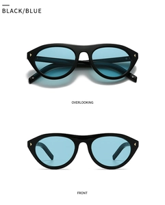 Vues de face et de dessus de lunettes de soleil noires avec verres bleus et rivets