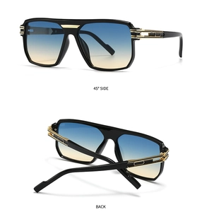 Close-up of square flat-top sunglasses featuring blue-yellow gradient lenses and gold metal temples