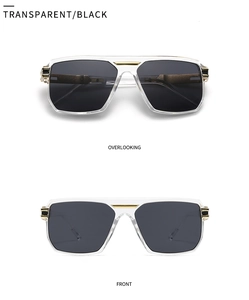 Front and top views of transparent frame pilot sunglasses with gold metal accents