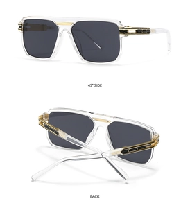 Detail view of square pilot sunglasses showing 45-degree side and back perspectives