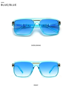 Front and top view of blue pilot sunglasses with gradient lenses and gold metal details