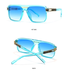 Detailed views of light blue transparent square pilot sunglasses with blue gradient lenses