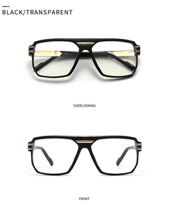 Macro view of vintage black square glasses frame with elegant gold metal hinge details
