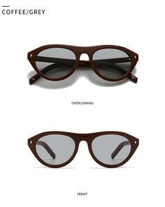 Vue détaillée avant et dessus des lunettes de soleil rétro café aux verres gris