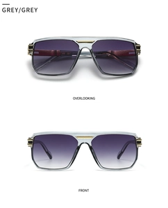 Macro detail of grey pilot sunglasses with purple gradient lenses and gold metal accents