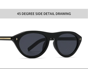 Vue macro de lunettes de soleil œil-de-chat noires avec détails en métal doré sur le côté
