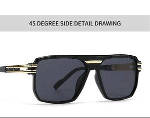Detail view of black square aviator sunglasses with gold metal trim at a 45-degree angle
