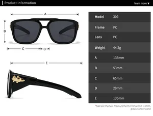 Size guide with dimensions for vintage PC frame sunglasses with gold lion metal accents