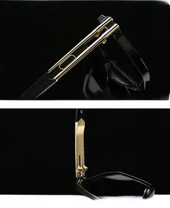 Detail of premium golden hinge and black temple of square aviator sunglasses