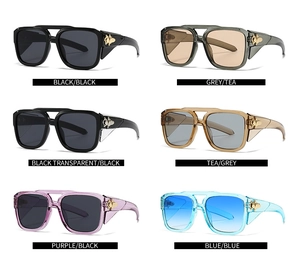 Collection of oversized square sunglasses featuring golden bee accents on the temples