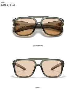 Detailed front and top views of grey frame sunglasses with tea lenses and metal hinges
