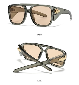 Detail of grey translucent sunglasses with golden metal hinges from side and back views