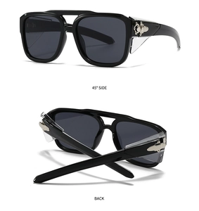 Detail view of retro pilot sunglasses showing 45-degree side shields and metal accents