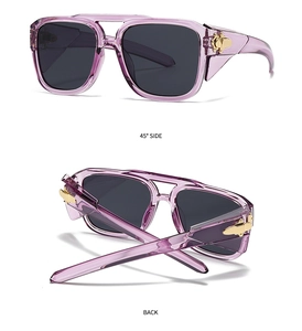 Detail of purple transparent frames with gold metal hinges and dark grey square lenses