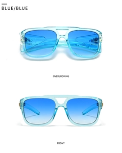 Front and top view of modern rectangular sunglasses with gradient blue lenses and light frame