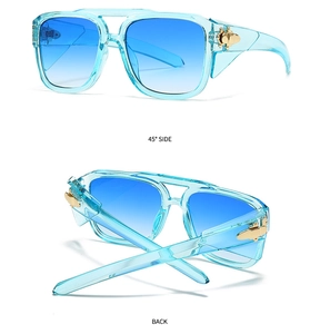 Detail showing the light blue transparent frame and blue gradient lenses of these sunglasses