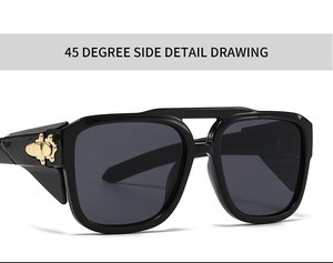 Detail of 45-degree side view showing golden cross floral decoration on black sunglasses