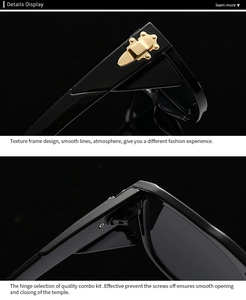 Detail view of glossy black sunglasses with vintage gold buckle on high-quality hinges