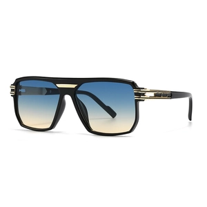 Classic pilot square frame sunglasses with black thick frame and blue-yellow gradient lens