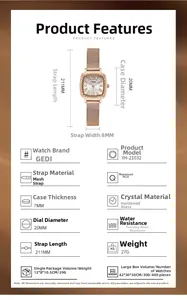 Detailed specs of the vintage square quartz watch with a rose gold mesh band