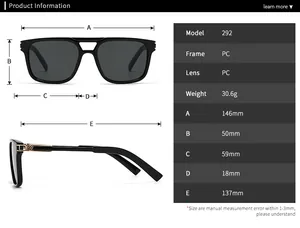 Tableau des tailles et spécifications techniques pour lunettes de pilote carrées