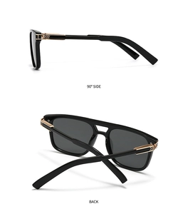 Détail des lunettes de soleil aviateur noires avec charnières dorées et motifs à carreaux