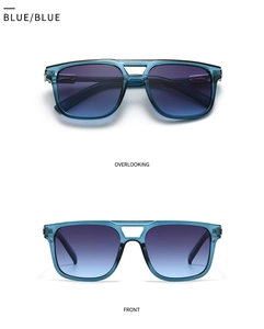 Détail des lunettes aviateur bleues avec double pont et verres à dégradé chic