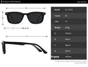 Size chart and technical specifications for square frame polarized PC sunglasses