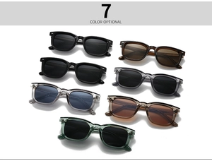 Matrix display of seven assorted polarized square frame sunglasses in various colors