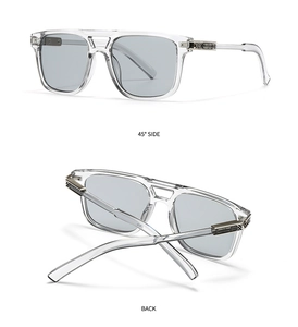 Détails des lunettes aviateur transparentes avec charnières argentées et verres bleu clair