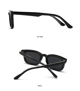 Detail view showing 90-degree side and back profile of black square polarized sunglasses