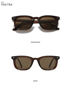Front and top view of tea-colored polarized sunglasses with vintage silver rivets