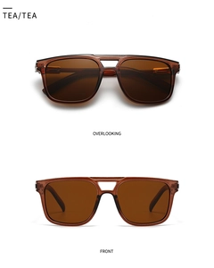 Vues de face et de dessus de lunettes aviateur thé avec monture carrée à double pont