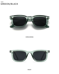 Detailed view of green transparent polarized sunglasses with black lenses from two angles