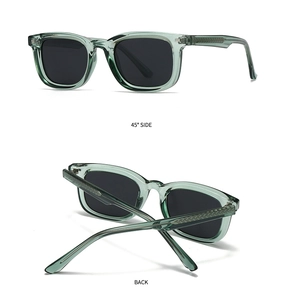 Detail view of 45-degree side and back of translucent green polarized square sunglasses