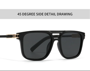 Détail des lunettes pilote avec insert doré grillagé et monture carrée noire