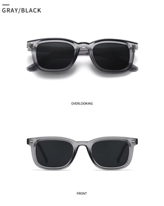 Close-up of translucent gray frame polarized sunglasses with sleek black lenses