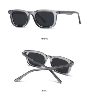 Detailed 45-degree and back views of gray translucent square polarized sunglasses
