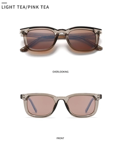 Detail view of square light tea sunglasses with pink tea lenses and metal hinge