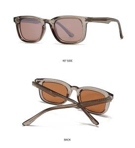 Detail view of polarized square sunglasses with gray transparent frames and brown lenses