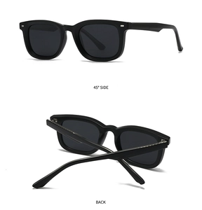Detailed views of black square polarized sunglasses showing 45-degree and back angles