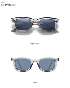 Front and top view of translucent gray polarized square sunglasses with blue lenses