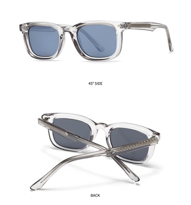 Dual view of square polarized sunglasses showing 45-degree side and back structure details