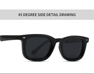 45-degree side view of classic black square polarized sunglasses with silver rivets