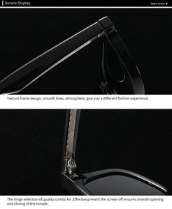 Close-up of sleek black square sunglasses frame showing durable metal hinge details