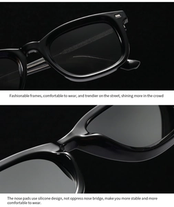 Detail of comfortable silicone nose pads on glossy black square polarized sunglasses